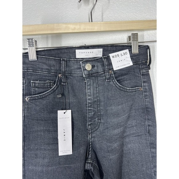 Topshop Jamie High Waisted Skinny Jean Size 25 Black Wash Distressed Knee - Picture 2 of 5